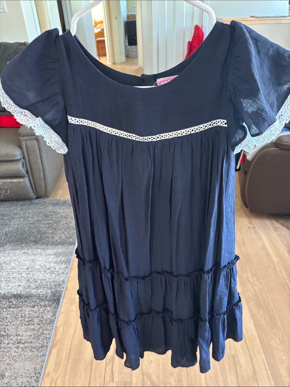Navy Lace-Trim Tiered Girls Casual Dress